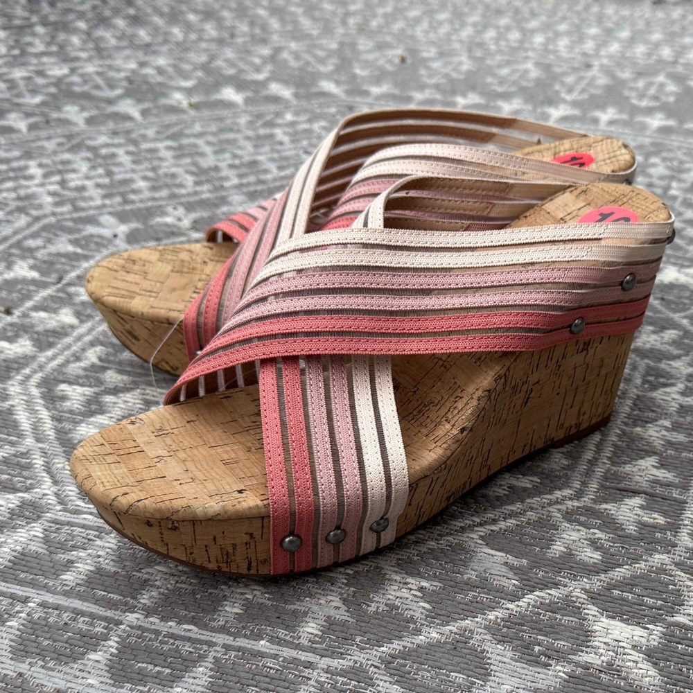 Lucky Brand Pink and Tan Wedge Sandals